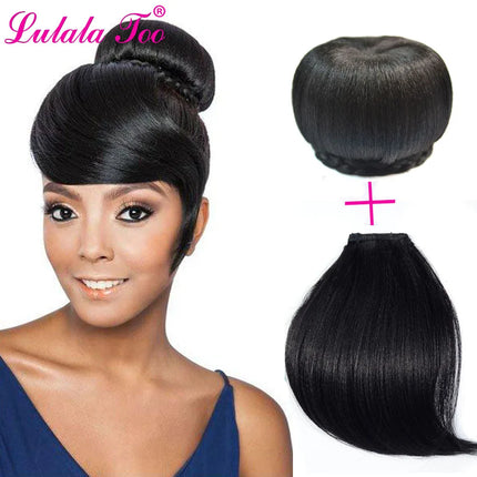 Synthetic Fake Hair Bun And Bang Set Heat Resistant Braide Chignon HairPiece Ponytail Wig For Women Clip in Hair Extension