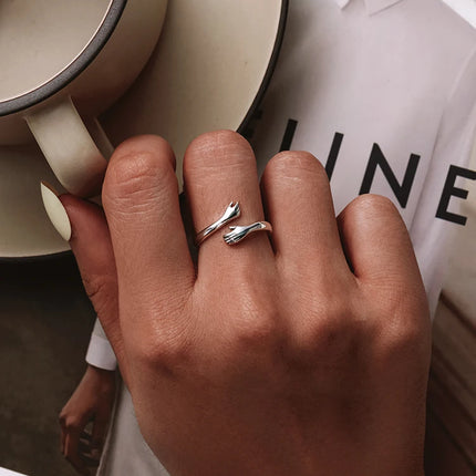 BAMOER 925 Sterling Silver Hug Open Ring Warm Love Hand Adjustable Glossy Ring for Women, His Big Loving Family Party Gift