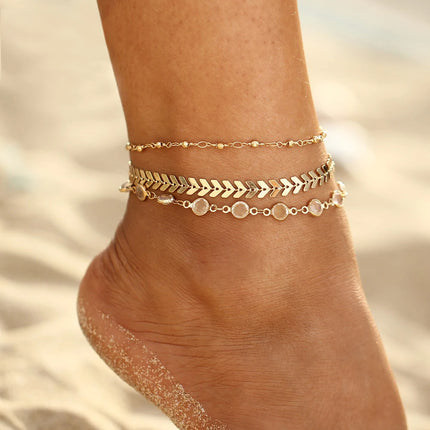 Fashion Gold Color  Snake Chain Multilayer Anklets Women Beads Anklet Leg Chain Ankle Bracelets Beach Foot Jewelry Accessories