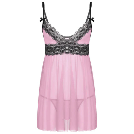 Men Women Babydoll Sleepwear Lace Trim Sissy Lingerie Sets Sling Straps Cross Dress with G-Strings Chemise Nightwear Clubwear