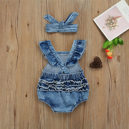 Citgeett Summer Infant Baby Girls Outfit Rainbow Embroidery Fly Sleeve Lace Denim Bodysuit+ Headwear Set Clothes