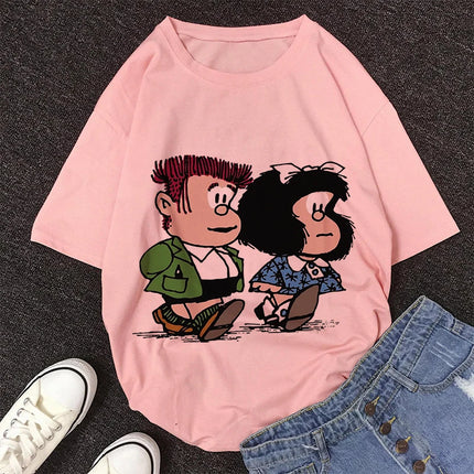 2020 New Summer Fashion Female Pink Tops Mafalda Cute Graphic Print T-shirt Women Harajuku Aesthetic White Tops Kawaii Tshirt