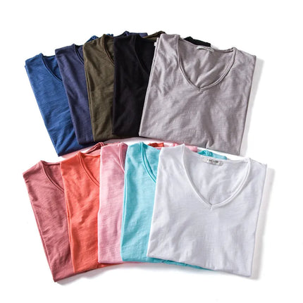 Brand Quality 100% Cotton Men's T-shirt V-neck Fashion Design Slim Fit Solid T-shirts Male Tops Tees Short Sleeve T-Shirt For Men