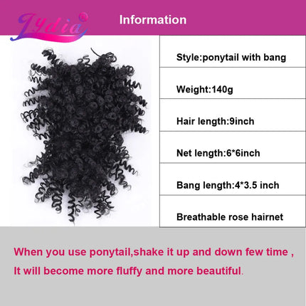 Lydia Drawstring Synthetic High Puff Afro Kinky Curly Ponytail With Bang Short Warp Bun Chignon Clip in Hairpiece Extension 140g