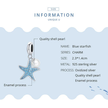WOSTU 925 Sterling Silver Blue Conch Charm Ocean Bead Animal Turtle Starfish Pendant Fit Original Bracelet Necklace DIY Jewelry