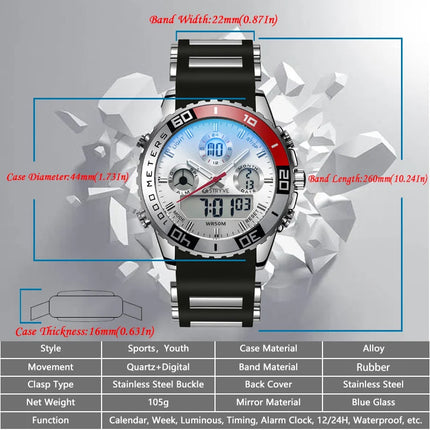 STRYVE 8023 Men's Watch Electronic Quartz Dual Movement Rubber Strap Date Week Luminous 50M Water Resistant Fashion Sports Watch