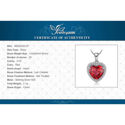 JewelryPalace Heart Love 3.6ct Created Ruby 925 Sterling Silver Pendant Necklace for Women No Chain Fashion Fine Jewelry Gift