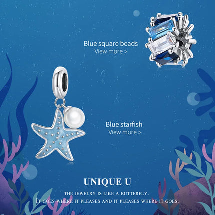 WOSTU 925 Sterling Silver Blue Conch Charm Ocean Bead Animal Turtle Starfish Pendant Fit Original Bracelet Necklace DIY Jewelry