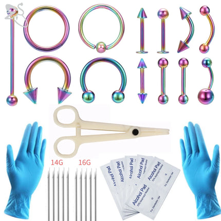 ZS Body Piercing Tool Kit 12-20G Disposable Professional Body Self Piercing Kits Clamp Gloves Tools Ear Lip Nose Navel Piercings