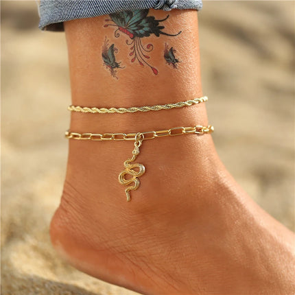Fashion Gold Color  Snake Chain Multilayer Anklets Women Beads Anklet Leg Chain Ankle Bracelets Beach Foot Jewelry Accessories