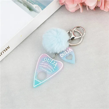 1PC Women Ouija Planchette Keychain Resin Pompom Charms Handbag  Keyring With Puffer Ball Punk Board Crafts