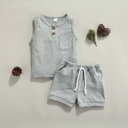 Pudcoco 2 Pcs Newborn Summer Outfits, Baby Solid Color Round Neck Tank Tops with Pocket + Drawstring Shorts 0-3T