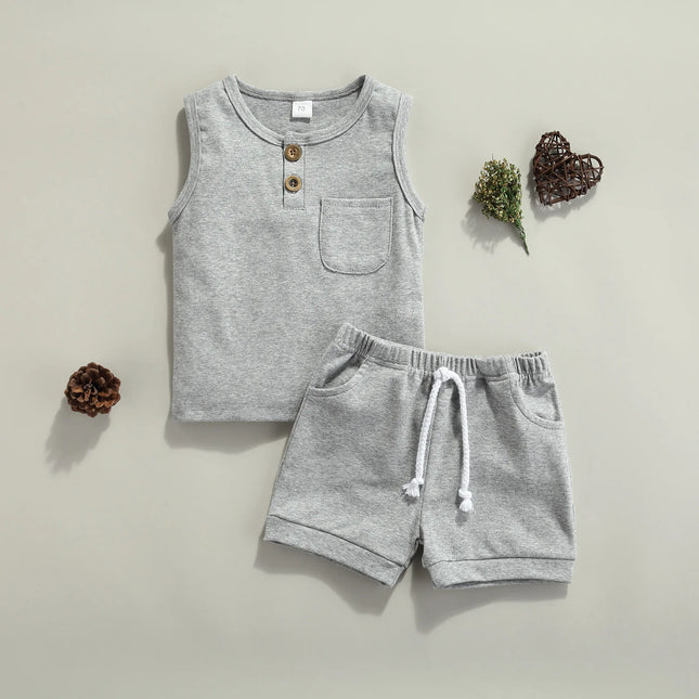Pudcoco 2 Pcs Newborn Summer Outfits, Baby Solid Color Round Neck Tank Tops with Pocket + Drawstring Shorts 0-3T