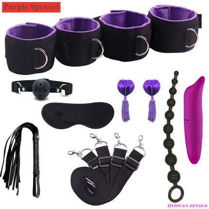Sex Tools for BDSM Bondage Restraint Adult S&M Fetish Games Set Vibrator Handcuffs Ankle Bed Toys Kits for Couples