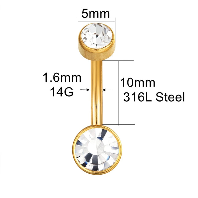 Zircon Golden Belly Button Rings Stainless Steel Piercing 14G 1.6mm 10mm Navel Bar Body Jewelry Men Women Sexy Beach Accessories