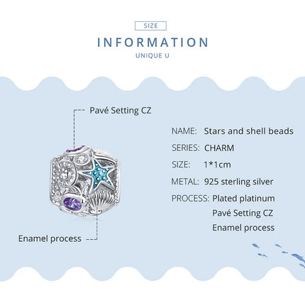 WOSTU 925 Sterling Silver Blue Conch Charm Ocean Bead Animal Turtle Starfish Pendant Fit Original Bracelet Necklace DIY Jewelry