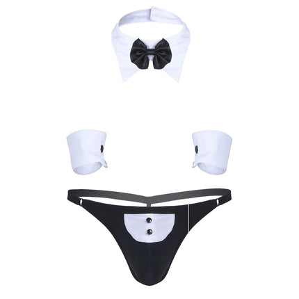 3Pcs Mens Waiter Tuxedo Lingerie Sexy Cosplay Costume Open Back G-string Jockstraps Underwear with Bow Tie Collar and Bracelets