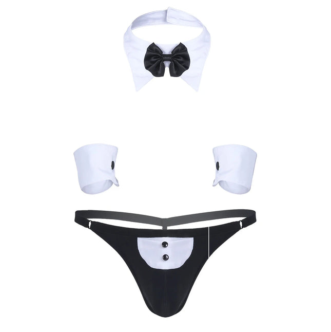 3Pcs Mens Waiter Tuxedo Lingerie Sexy Cosplay Costume Open Back G-string Jockstraps Underwear with Bow Tie Collar and Bracelets