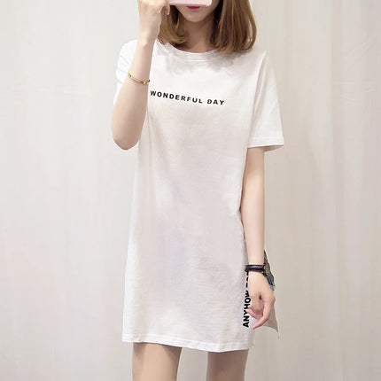WONDERFUL DAY Print Long T shirts Summer Women Loose Slit Femme Tops  Tshirt Short sleeve Ladies t-shirt