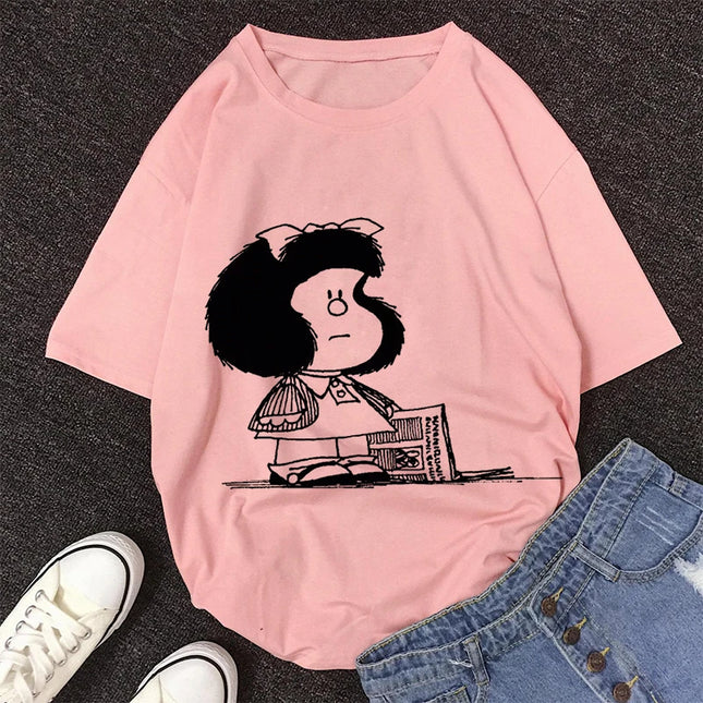 2020 New Summer Fashion Female Pink Tops Mafalda Cute Graphic Print T-shirt Women Harajuku Aesthetic White Tops Kawaii Tshirt