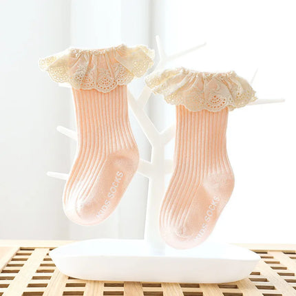 Lawadka Newborn Baby Girl Socks Lace Baby Knee Socks Anti Slip Cotton Socks for Girls Princess Long Autumn Winter Stockings 0-3T