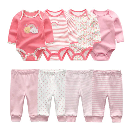 Cotton 6/8PCS Newborn Baby Boy Clothes 0-12M Autumn Bodysuits+Pants Boys Baby Clothing Sets Full Sleeve Baby Girl Clothes