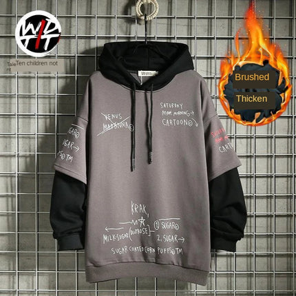 Spring /Autumn Men's Sweater Retro Mock Two-Piece Hooded Korean Hip Hop Print Sweatshirt Loose Hoodie Male Fleece Padded Jacket