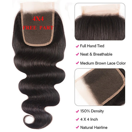 UNice Body Wave Human Hair 4x4 Lace Closure & 5x5 HD Lace Closure Natural Color Human Hair Lace Closure 1Pcs 150% Density