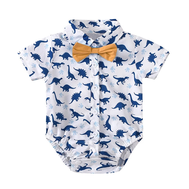 Newborn Boys' Bodysuit with Bow Tie, Cotton Baby Romper, Soft Cartoon Animal Print, Formal Short Sleeve Children's Top Costume
