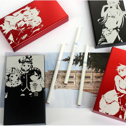 Animation Anime Derivatives Black Red Thin Slim Cigarette Case For Women Metal Aluminum Alloy Sliding Cigarette Box Man Custom