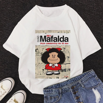 2020 New Summer Fashion Female Pink Tops Mafalda Cute Graphic Print T-shirt Women Harajuku Aesthetic White Tops Kawaii Tshirt