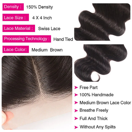 UNice Body Wave Human Hair 4x4 Lace Closure & 5x5 HD Lace Closure Natural Color Human Hair Lace Closure 1Pcs 150% Density
