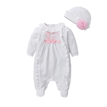 Newborn Baby Girls Romper Jumpsuit Long Sleeve Lace Ruffle Infant  Jumpsuit with Cap Toddler Clothing 0-12M