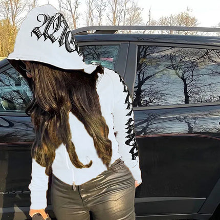 2025 Zipper Letter Print Baddie Clothes Women Hooddies Casual Streetwear Athleisure Sporty Tops Cyber Ghetto Sweatshirts New