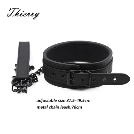 Thierry Sm Products Bondage Neck Collar with Metal Chain Leash BDSM Sex Toys Faux Leather Restraint Fetish Adult Sex Toys