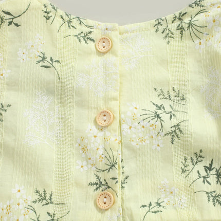Baby Romper with Hairband, Kids Floral Print Round Neck Fly Sleeve Bodysuit+ Headband for Summer, Blue/Yellow, 0-24 Months