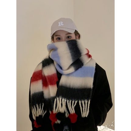 New Colorful Striped Scarf for Women, Winter High-End Thickened Warm Colorful Pom-Pom Versatile Neck Warmer Dopamine Trend