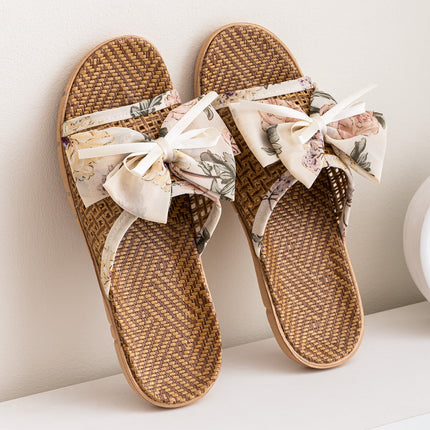 New Summer Rattan Mat Home Mat Slippers Bow Home Indoor Cool Bamboo Fish Mouth Toe Shoes Non-Slip