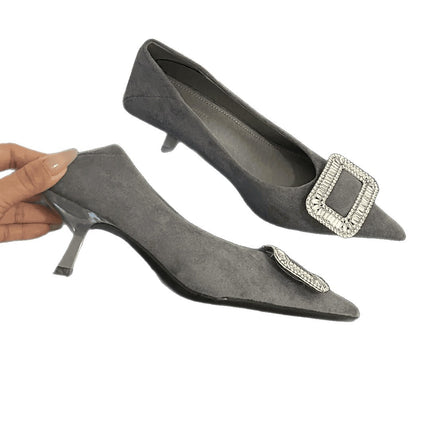 Ready Stock, Dropshipping Available~ Stunning Women's Single Shoes with Diamond Buckle, Elegant Pointed Toe, Shallow Mouth, Comfortable for Feet, Suitable for Commuting, High-Heeled Shoes