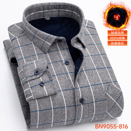 Winter Warm Shirt Pure Cotton Brushed Plaid Fleece-Lined Thickeneded Middle-Aged and Elderly Men's Cardigan Dad's Cotton Shirt