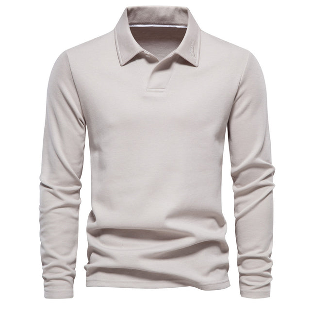 Trendy New Men's Long-Sleeve Versatile Solid Color Polo Shirt Casual Washed Polo Spring and Autumn Collared Cross-Border Grass Green