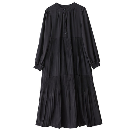 Real shot spring and autumn new dark style solid color long sleeve dress pleated loose fashion plus size women's dress dress