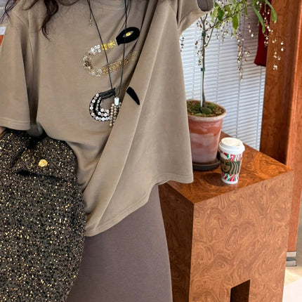 Spring New Capsule Fashionable Year of the Snake Graphics Brushed Sequins Exquisite Loose Round Neck Threaded Edge Short-Sleeved T-Shirt