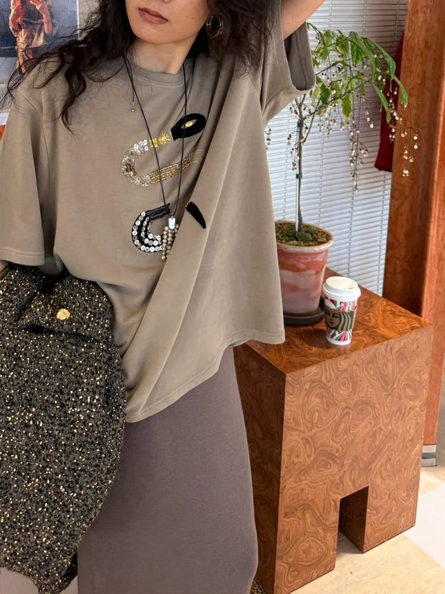 Spring New Capsule Fashionable Year of the Snake Graphics Brushed Sequins Exquisite Loose Round Neck Threaded Edge Short-Sleeved T-Shirt