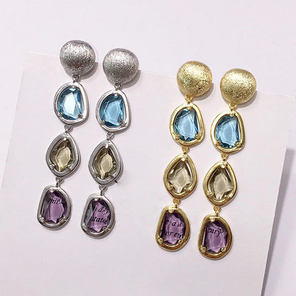 European and American Fashion Quicksand Gold and Silver Colorfuled Crystal Asymmetrical Multi-Faceted Colorfuled Stone Earrings Cold Style Earrings