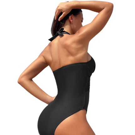 2025 New European and American Amazon Cross-Border One-Piece Swimsuit Solid Color Mesh Bikini Quick-Dry