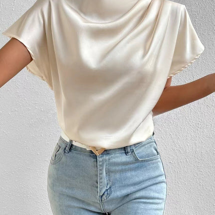 2026 Cross-Border Hot-Selling New Product Round Neck Short-Sleeve Left Shoulder Ruched T-Shirt Satin Women's Top Wholesale in Stock