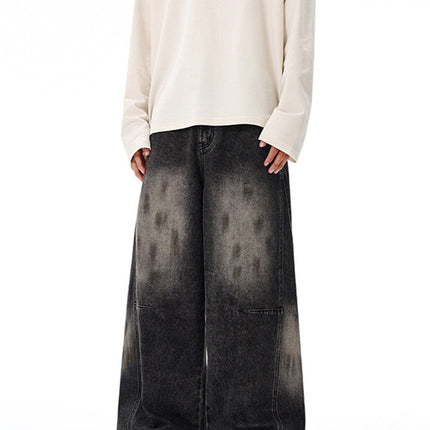 Lktm Men's Fashion Ash-Dirty Black-Gray Splatter Baggy Jeans Unisex Trendy Brand Silhouette Straight-Leg Floor-Length Pants