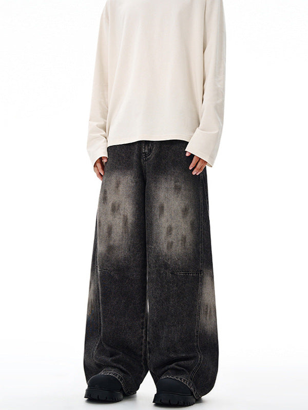 Lktm Men's Fashion Ash-Dirty Black-Gray Splatter Baggy Jeans Unisex Trendy Brand Silhouette Straight-Leg Floor-Length Pants