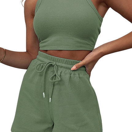 2026 Cross-Border Summer New Style Sleeveless Waffle Set Solid Color Vest Top Tie-Up Shorts Casual Two-Piece Set